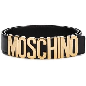 Moschino Black Leather Belt with Gold Plaque Logo